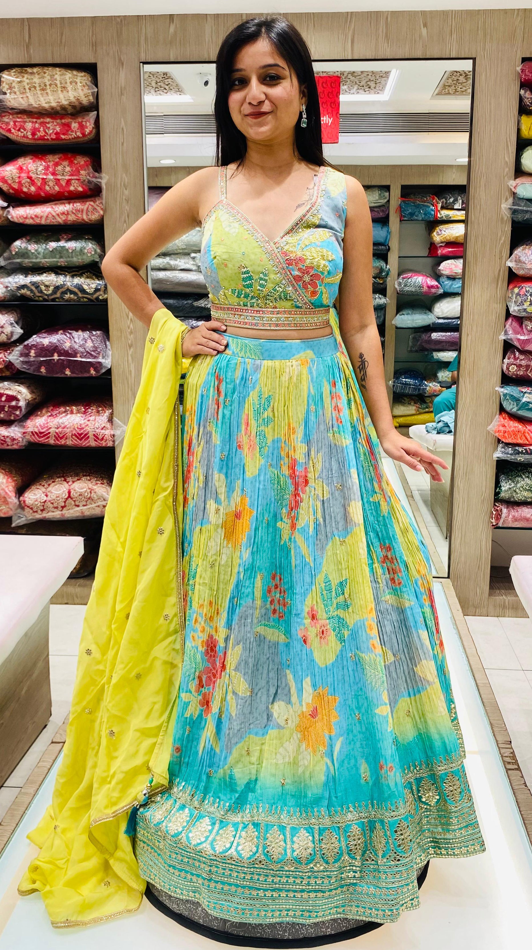 Multi Color Chinnon Crepe Printed Lehenga Choli